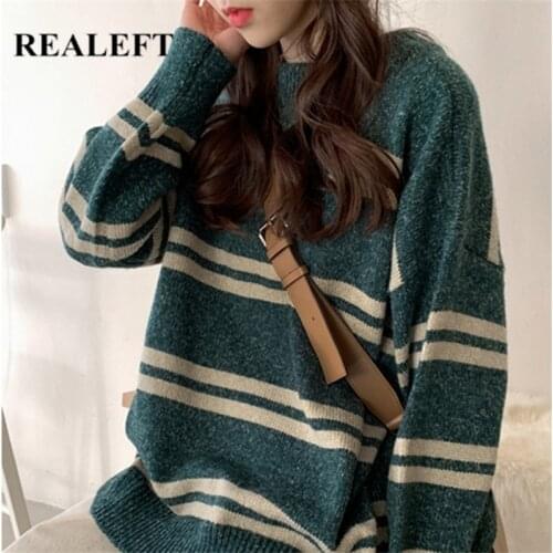 REALEFT 2021 New Autumn Winter Striped Print Womens Sweater Oversize O-Neck Long Sleeve Loose Casual Warm Pullover Tops Female
