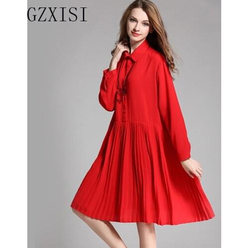 Gzxisi long sleeve women dress autumn female red office full plus size dress ladies jaqueta feminina pleated black party dress