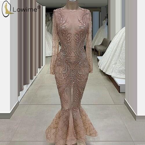 Robe De Soiree Heavy Beading Mermaid Evening Dresses Illusion Long Sleeve 2020 Custom Abiye Party Prom Gowns