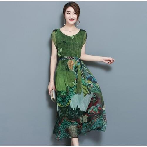 Spring Summer Green Vintage Floral Print Dresses Women O-Neck Short Sleeve Silk Dress With Sashes Mid-Calf Vestidos Big Size 4XL