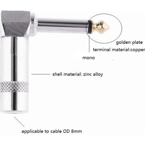 10pcs/Lot 6.5mm Audio Plug Metal 1/4" TRS Right Angle Mono Microphone Plug 6.35mm Connector