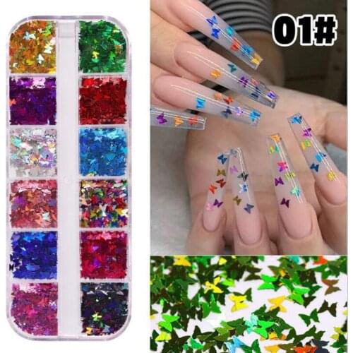 12 Pack 3mm Holo Sequins 12 Grid Multicolor Rainbow Holographic Butterfly /Hear/ Round Star Sequin Iridescent Glitter Flake