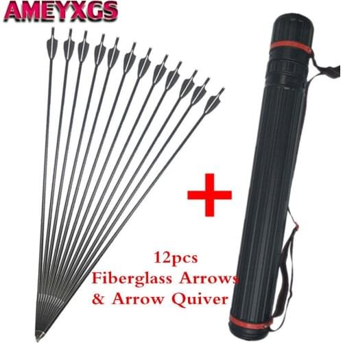 12Pcs 31" Archery Fiberglass Arrows SP 500 Field Points Tips With Arrow Quiver Bow Practice Target Hunting Shooting Accessories