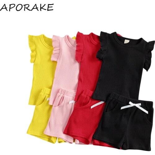 2021 Fashion 0-4Y Toddler Baby Girl Knitted Clothing 2pcs Summer New Ruffle Shoulder Sleeveless Solid Color Top Vest+Shorts 2pcs