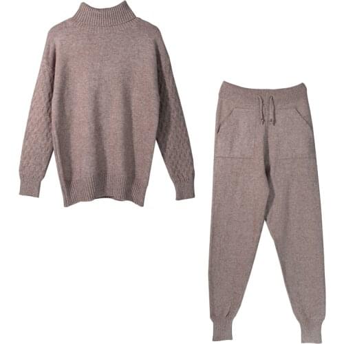 2021 Autumn Winter Thick Warm Sweater 2 Pieces Sets Turtleneck Knitted Turtleneck Pullovers + Pocket Long Pencil Pants Suits