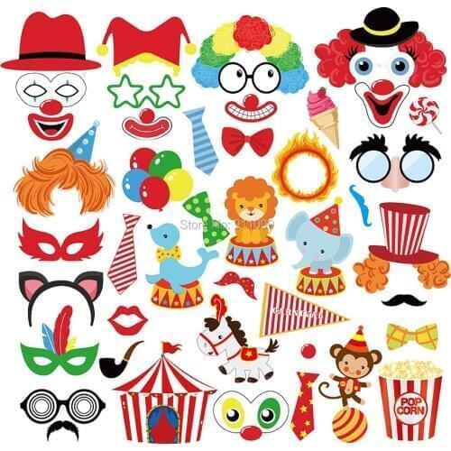 44pcs Clown Circus DIY Photobooth Props Carnival Party Decorations Kids Happy Birthday Circus Animals Photobooth Props