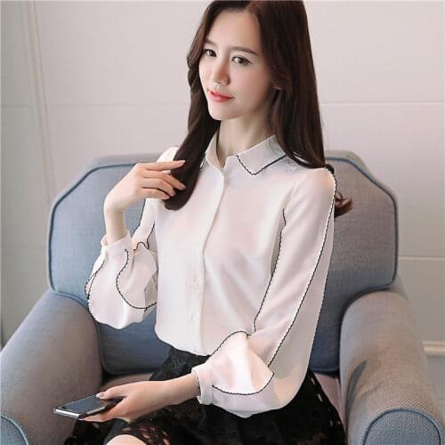 Polo-Neck Blouses Spring Summer Fashion Chiffon Shirts Loose Puff Sleeve Bright Line White Tops All-Match Blusas MM0251