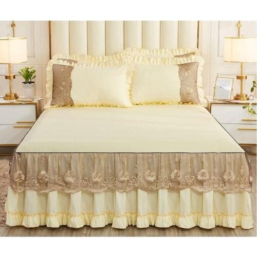 Home Textile Beige Lace Bedding Bed sheet Pillowcases 1/3pc Princess Bedspread Bed skirt Girls Soft Mattress Cover, Jupe de lit