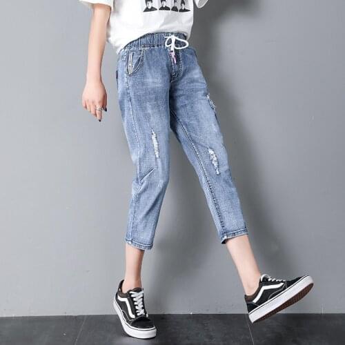 Jeans 2020 Summer New Jeans Womens High Waist Mom Jeans Elastic Waist Harlan Pants Womens Ripped Cropped Pants