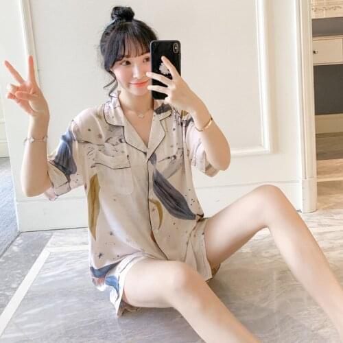 Short-sleeved Thin Summer V-neck Pajamas Womens Cute Rayon Silk Small Fresh Cardigan Viscose Large Size Homewear Two-piece Suit