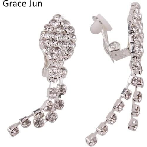 Grace Jun(TM) New Arrival Tassels Rhinestone Clip on Earrings for Women Party Wedding Charm Jewelry No Hole Ear Clip Bijouterie