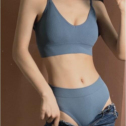 Women Padded Bra Brazilian Panties Set Seamless Tops Sports Bra Set Sexy Thongs Girl Lingerie Fitness Crop Top Underwear