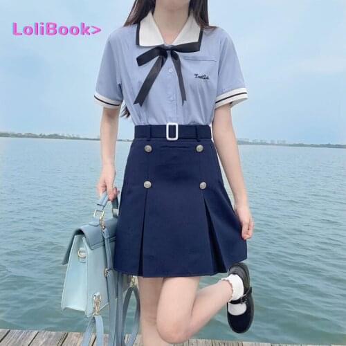 Lolibook Summer JK Uniform Short Sleeve Embroidered Shirt Skirt Two-piece Thai School Uniform Female School Girl Outfit
