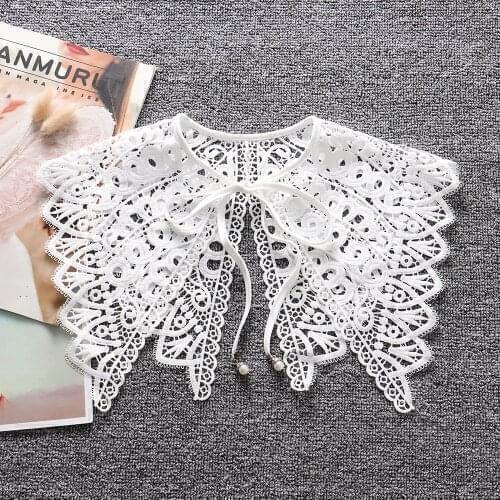 Linbaiway Women Shirt Detachable Collar Fake Collar Lace Floral Hollow Embroidery False Collar Shawl Wrap Female Bowtie Necklace