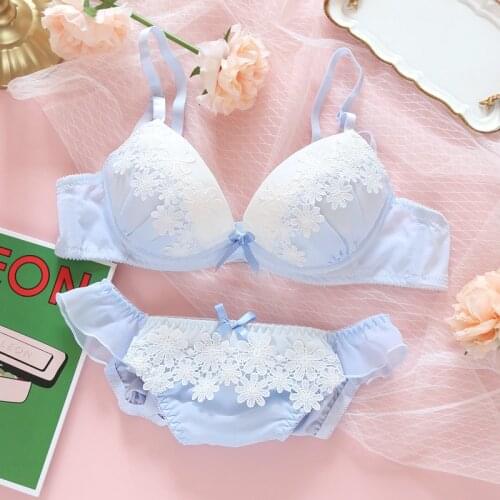 Sweet and cute water soluble flower underwear female small breasts gathered lingerie panty suit loli student soft girl bralette