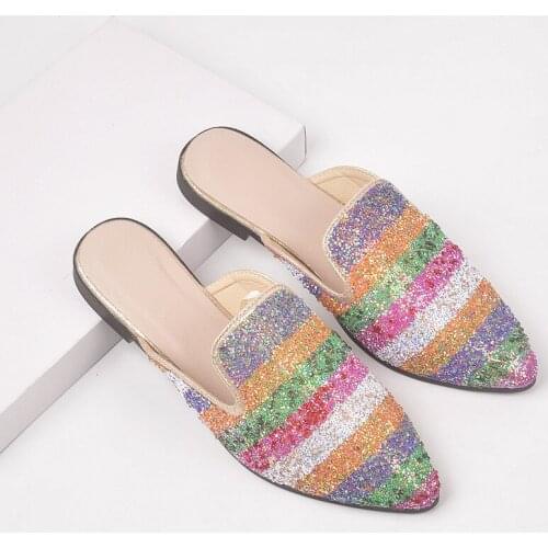 Bling sequins crystal pointy close toe mules shoes woman rainbow color flats lazy slip-on slippers mixed color slingback slides