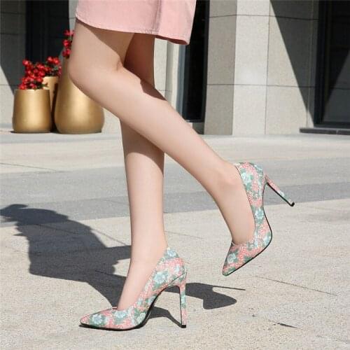 11CM Flower Women High Heels shoes Women Platform Pointed Toe Square heel Pumps Sexy Party Dress Shoes Mujer Plus Size 46