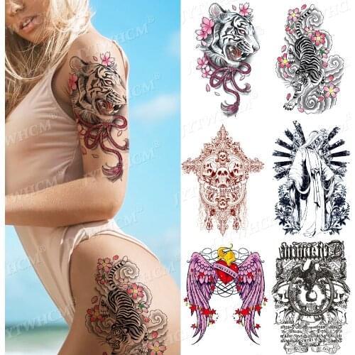 Pink Cherry Blossom Animal Art Arm Tattoo Sticker Unisex Water Transfer Drawing Arabic Streamer Bow Tattoo Sleeves For Men Women