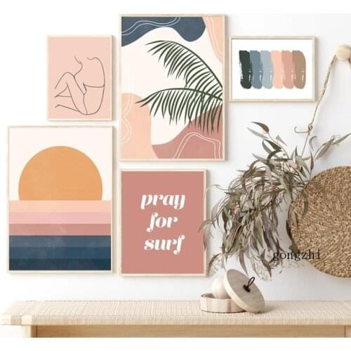 Boho Rainbow Sunset Woman Abstract Line Poster Canvas Painting Palm Leaves and Prints Girl Room Wall Art Pictures for Home Decor