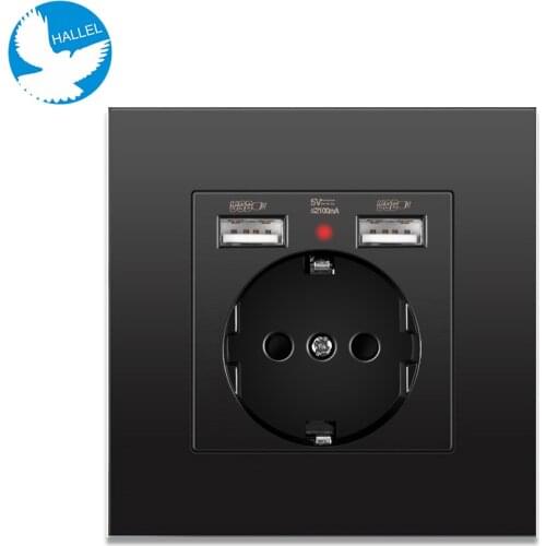 European Standard Pop Socket Black PC Panel French German Plug, AC 100~250V 16A Wall Power Socket, 2100 mA USB Outlet Optional