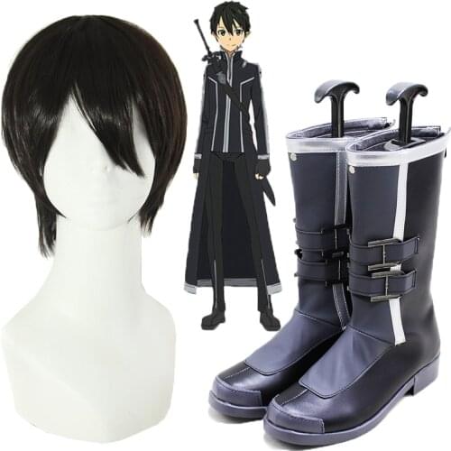 Anime Sword Art Online Cosplay Boots Kirigaya Kazuto Japanese Cosplay Shoes Boots SAO Mens Kirigaya Kazuto Kirito Cosplay Hair