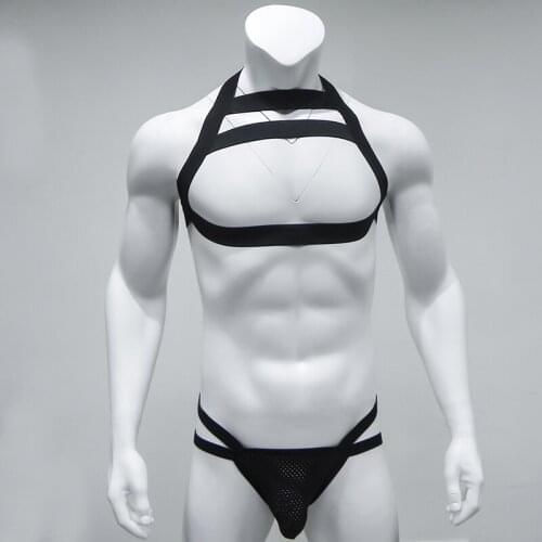 Sexy Harness Bondage Costume Men Lingerie Thong Jockstrap Elastic Nylon Strap Halter Body Chest Shoulder Nightclub Hollow Out