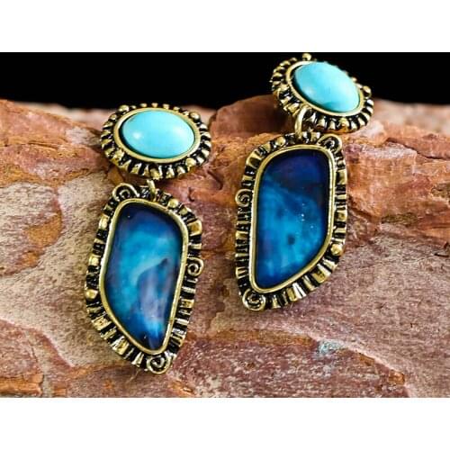 Vintage Deep Sea Geometry Blue Stone Earrings For Women Indian Tribal Gold Metal Dangle Earrings Brincos Z3D393