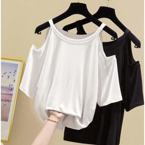 Off Shoulder T shirt Women Clothes 2021 Sexy Summer Tops Female Tshirt Tee Shirt Femme Short Sleeve Cotton Tops Black White