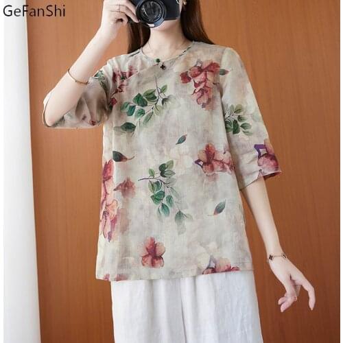 2021 Summer Shirts Women Vintage Print Short Sleeve Cotton Linen Shirts Tops Female Clothing Casual Loose Blouse Plus Size