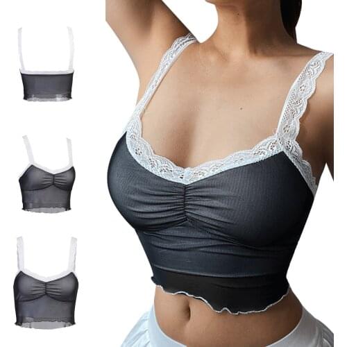 Women Lace Strap Sleeveless Camisole Sexy Ruched Front Color Block Crop Tank Tops for Summer
