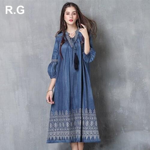 RG Summer Dress Women Bohemian Style Big Size Embroidery Denim Dresses Retro Tassels Decoration Woman Maxi Loose Dress 2018