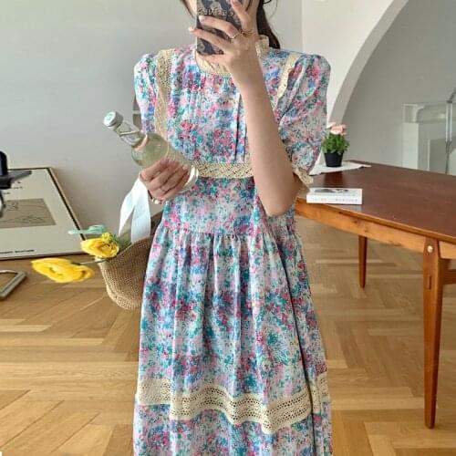 Korean Chic French Elegant Stand-Up Collar Pleated Lace Stitching Design Loose Short-Sleeved Floral Dress Women