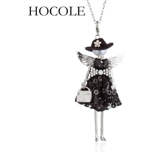 HOCOLE New women cute black skirt doll pendant necklace long chain girls baby handmade maxi necklace fashion statement jewelry