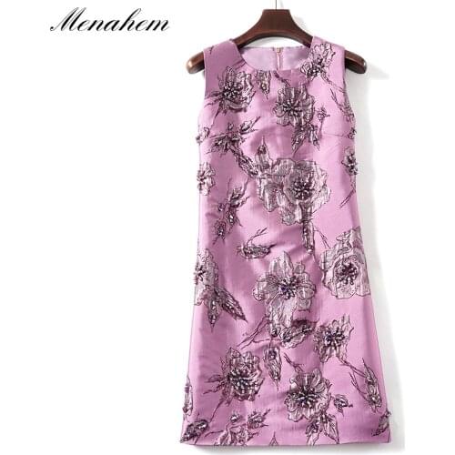 Menahem Handmade Beading Embroidery Floral Jacquard Dress Womens Sleeveless O Neck Zipper A Line High Waist Short Tank Vestidos