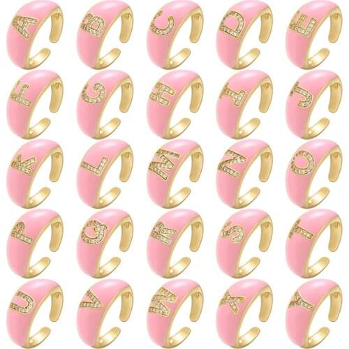 ZHUKOU Pink Color Chunky Rings for women Enamel letter Rings for Women CZ crystal fashion open rings Jewelry wholesale VJ145