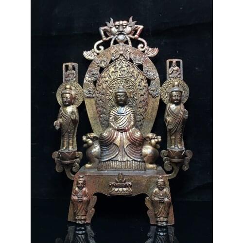 15" Tibet Buddhism Old Bronze Cinnabar Lacquer Northern Wei Buddha Shakyamuni Buddha Statue Left and right guardian Buddha