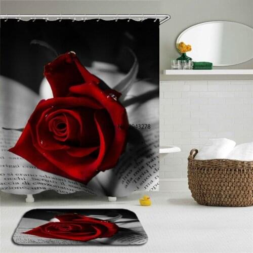 2Pcs/Set Rose Flower Shower Curtains Set Mat Bathroom Waterproof Bath Curtains Polyester Cloth With Rectangle Non-slip Floor Mat