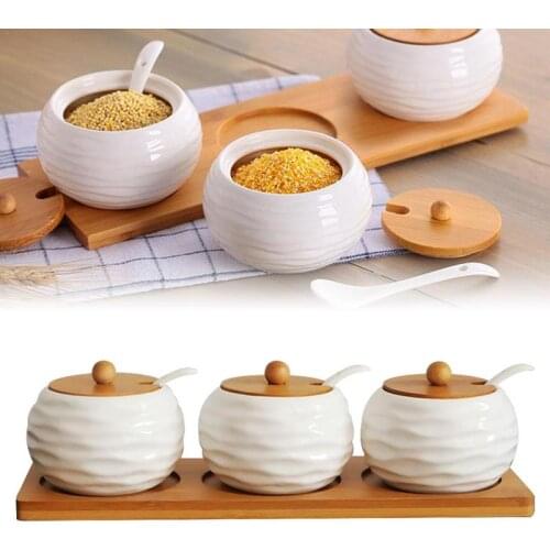 3Pcs Bamboo Wood Chinese Ceramics Condiment spherical Spice Jars Set Salt Pepper Shakers Seasoning Sprays Cooking Kitchen Tool