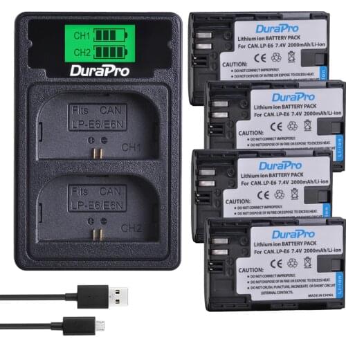 4pc 2000mAH LP-E6 LP-E6N LP E6 Rechargeable Battery + LCD USB Charger with Type C For Canon EOS 5D Mark II III 7D 60D 6D Camera