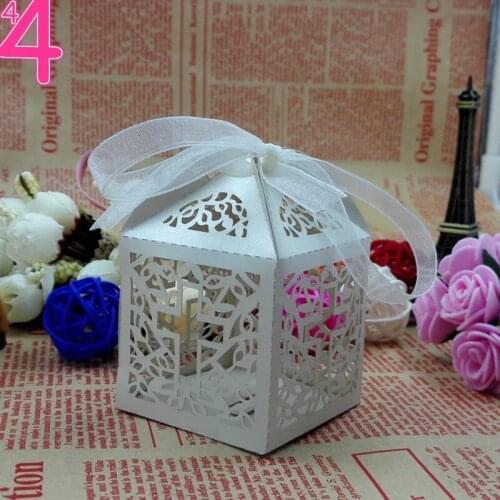 50 Pack Cross Laser Cut Candy Favor Box Christening Baby Shower Party Bomboniere Favors with Ribbons (blue)