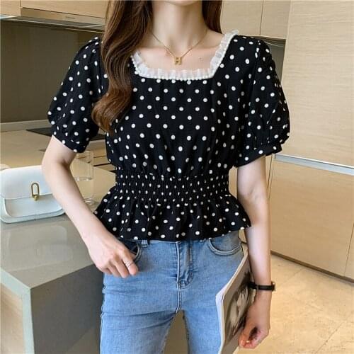 Short Sleeve Summer Polka Dot Shirt Blouse 2021 Elastic Waist Casual Sweet Chiffon Tops Fashion Womens Clothing Blusas
