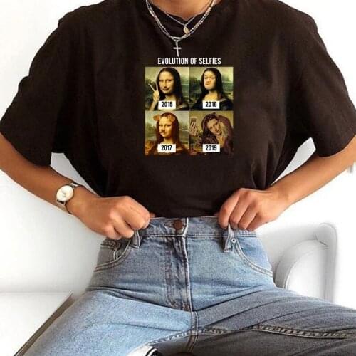 Black T Shirt Women Evolution Of Selfies Mona Lisa Funny T-Shirt Hipsters Meme Shirt Cute Summer Tops