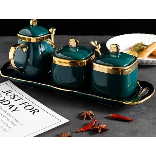 European ceramic seasoning pot set creative home kitchen three-piece vinegar pot oil pot seasoning cassette tray set
