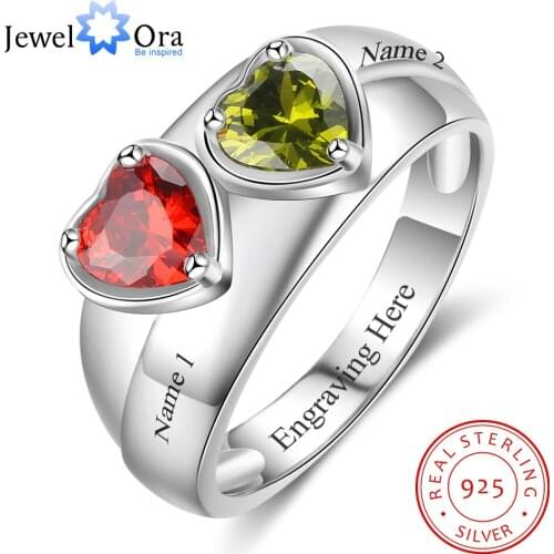 Personalized Heart Birthstone Engrave Texts Promise Rings 925 Sterling Silver Jewelry Gift For Her (JewelOra RI103262)