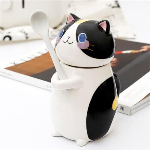 3D Cute Cat Ceramic Coffee Mug With Spoon and Lid Porcelain Hand-painted Office Drinkware Milk Tea Cups Novelty Gifts