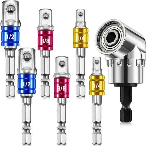 7Pcs Universal Adapter Extension Set 6Pcs 1/4, 3/8, 1/2 Inch Driver Socket Adapters ,1Pc 105 Degree Right Angle Drill