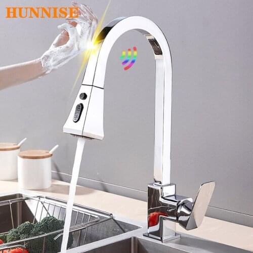 Square Touch Kitchen Faucet Polished Chrome Pull Out Kitchen Mixer Tap Hot Cold Water Tap Sensitive Touch Control Kitchen Faucet