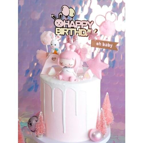 Lovely Cartoon Cake Topper Pink Girl Doll Soft pottery Rabbit Baby Birthday Happy Cake Decoration Creative Flags Supplies