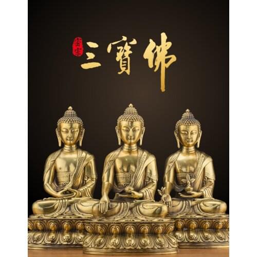 A Set 3p Southeast Asia Tibet Buddhism SAN BAO FO HOME efficacious Protection Sakyamuni Amitabha Medicine Buddha brass statue
