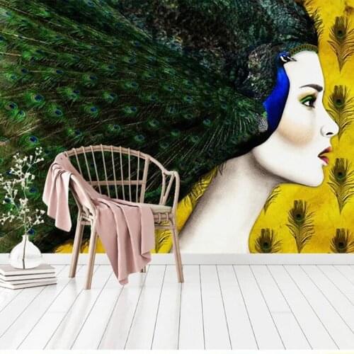 Custom 3d Mural Wallpaper Living Room Wallpaper 3D Painting Head Portrait, Peacock Feathers TV Background 3D Mural Wall Paper